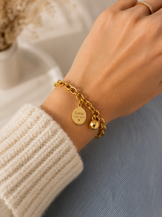 Personalisierbares Medaillon-Armband mit Kugel-Charm | Vergoldeter Edelstahl